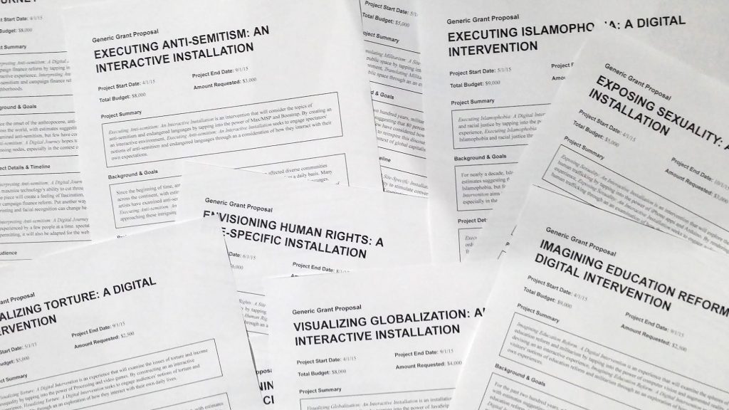 scattered pile of papers, each of which is a proposal template made up of words mad-libs style, such as "Visualizing Globalization: an Interactive Installation" and "Envisioning Human-Rights: A Site Specific Installation"