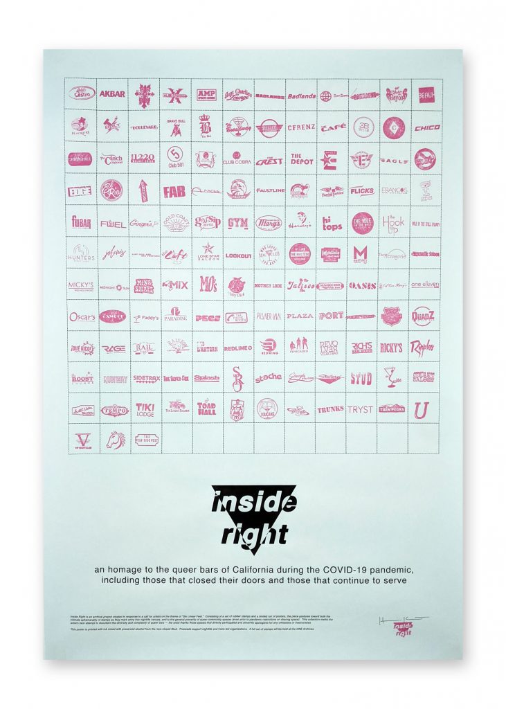 poster featuring approximately 140 stamps with logos of California queer bars